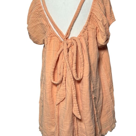 Free People Womens M Peach Angel Mini Dress Babydoll 100% Cotton Boho Chic Gauze - Picture 7 of 12